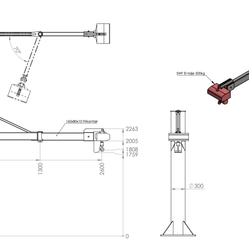 Tegning af grå svingkran fra Kran og Svejs i Danmark.