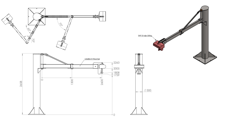 Tegning af grå svingkran fra Kran og Svejs i Danmark. 